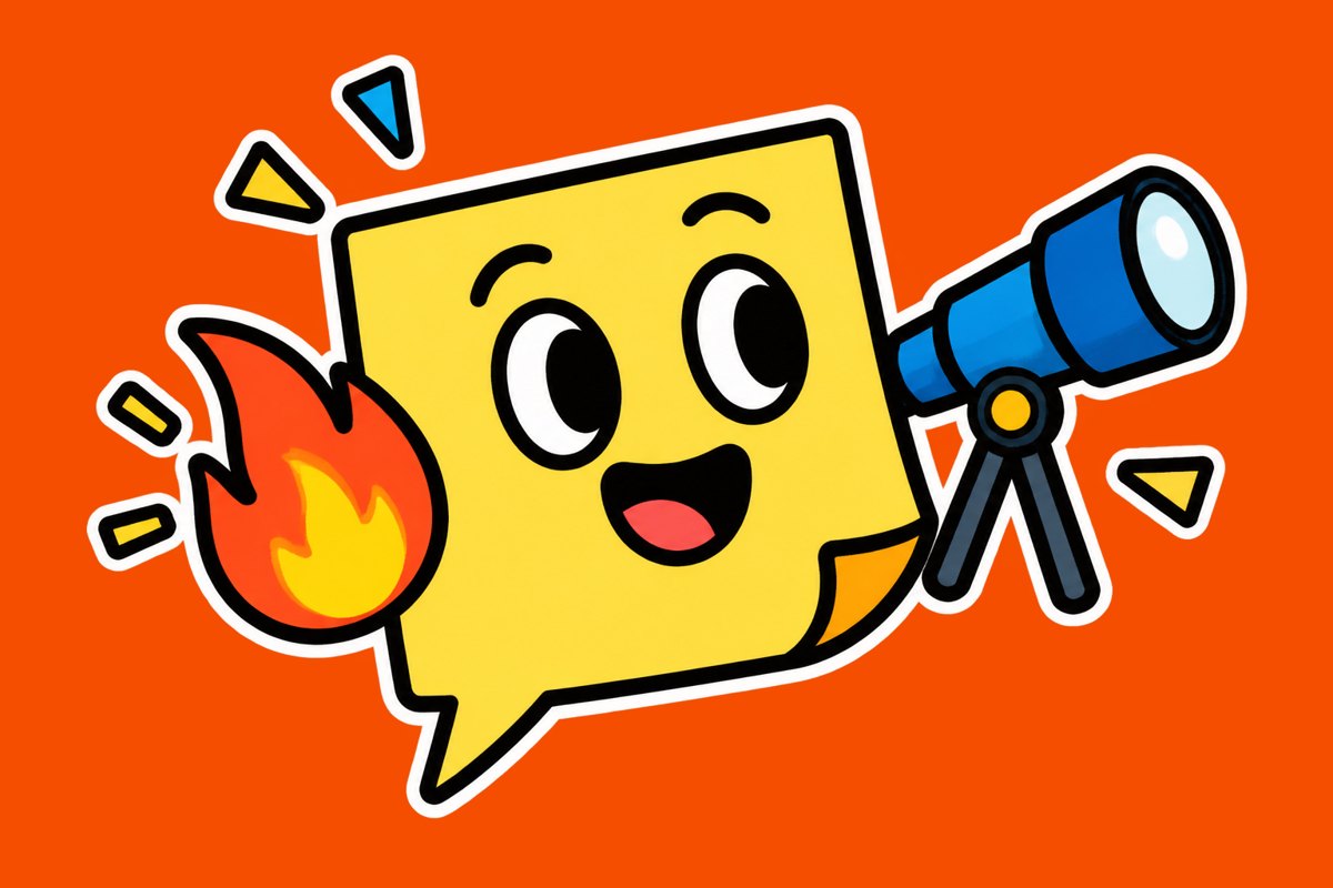 A yellow sticky-note character with a flame on one side and a telescope on the other, on an orange background.